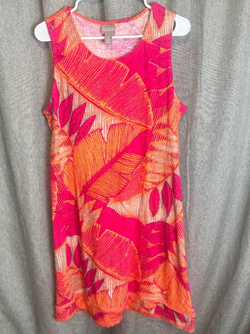 Chico's Vibrant Tropical Palm Leaf Sleeveless Shift Sundress Pink Orange - Size